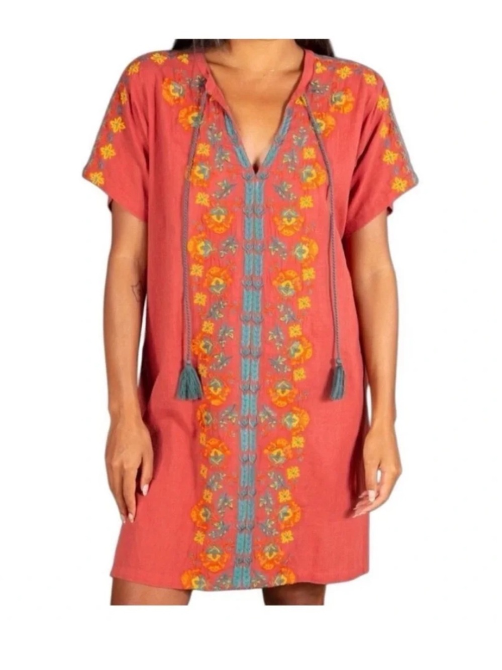 Natural Life Boho Cotton Floral  Embroidered Cover Up Dress Burnt Orange - Small